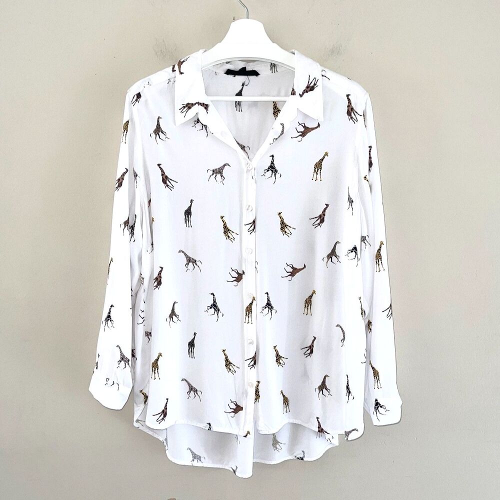 Jane Delancey White Casual Shirt Plus Size 1X Zebra Novelty Print Long Sleeves